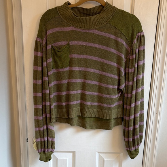 Free People Striped Olive and Lavender Sweater Size S - Picture 2 of 2